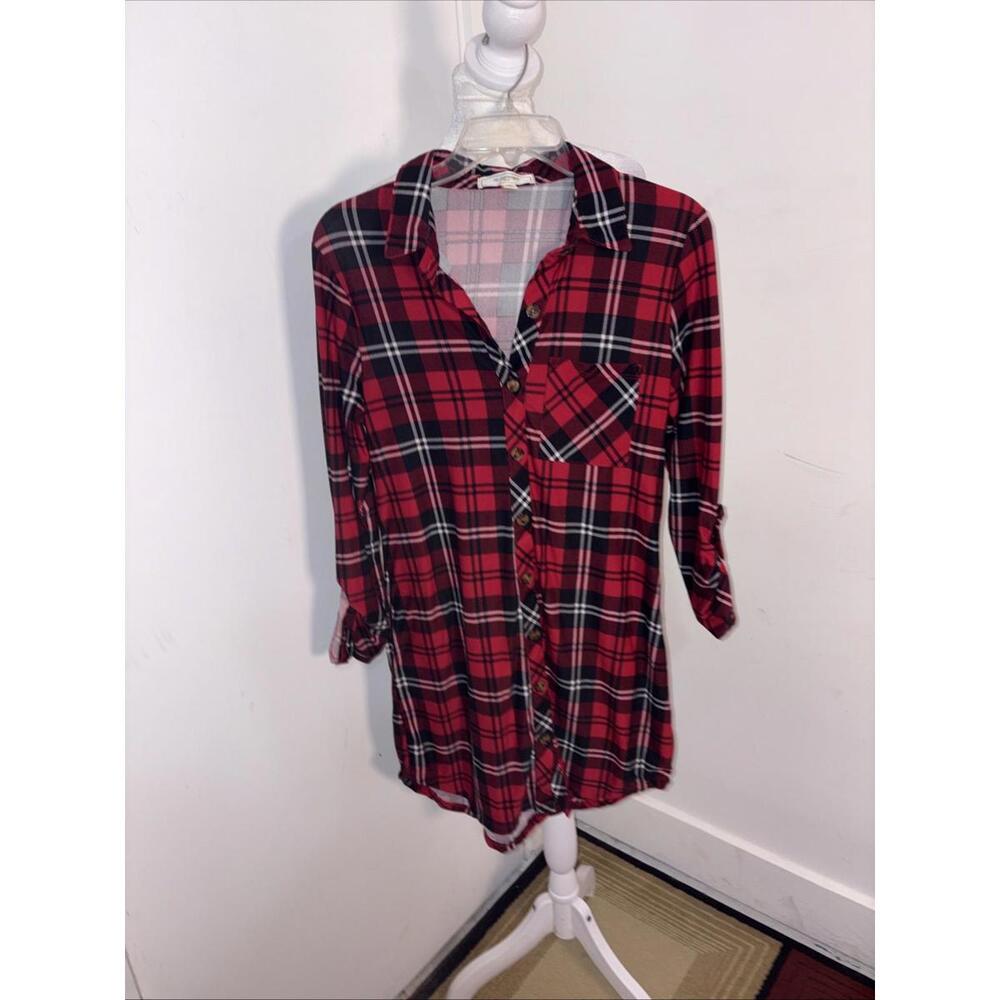 No Comment Womens‎ Med Red Black Plaid Button Up Flannel Dress Excellent Soft